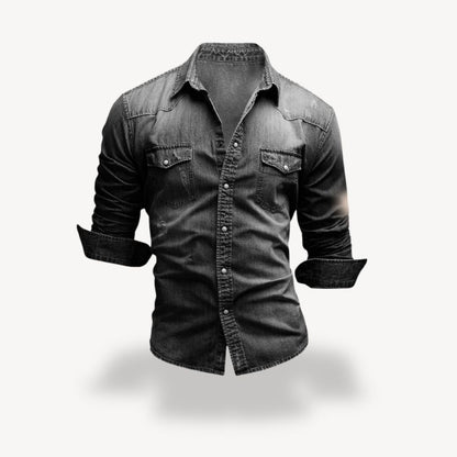 Men's Denim Western Shirt Long Sleeve with Snap Buttons and Chest Pockets