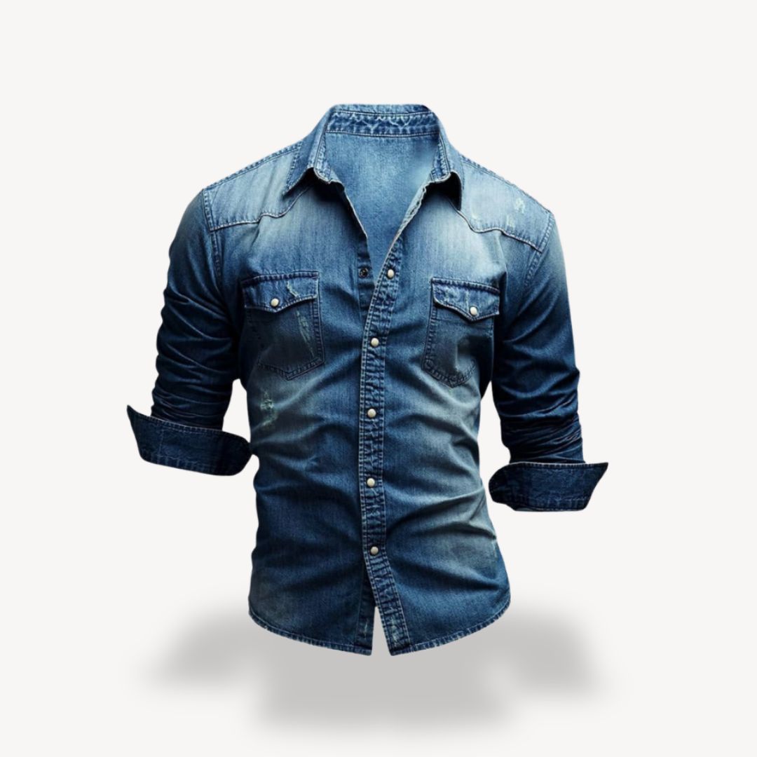 Men's Denim Western Shirt Long Sleeve with Snap Buttons and Chest Pockets
