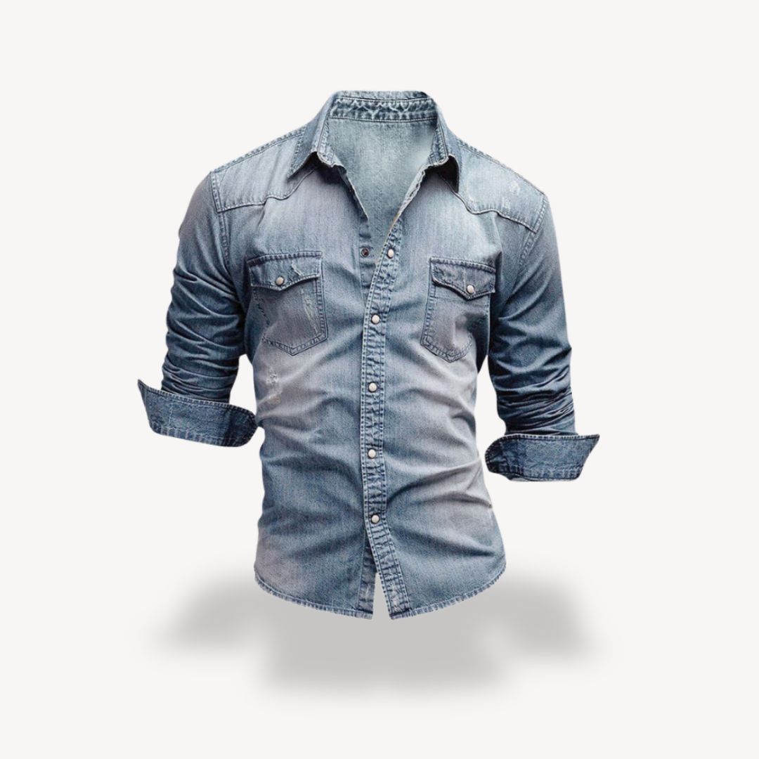 Men's Denim Western Shirt Long Sleeve with Snap Buttons and Chest Pockets