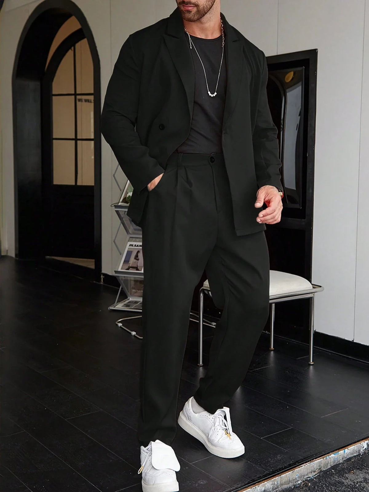 Men's Double Breasted Blazer and Pants Set with Lapel Collar