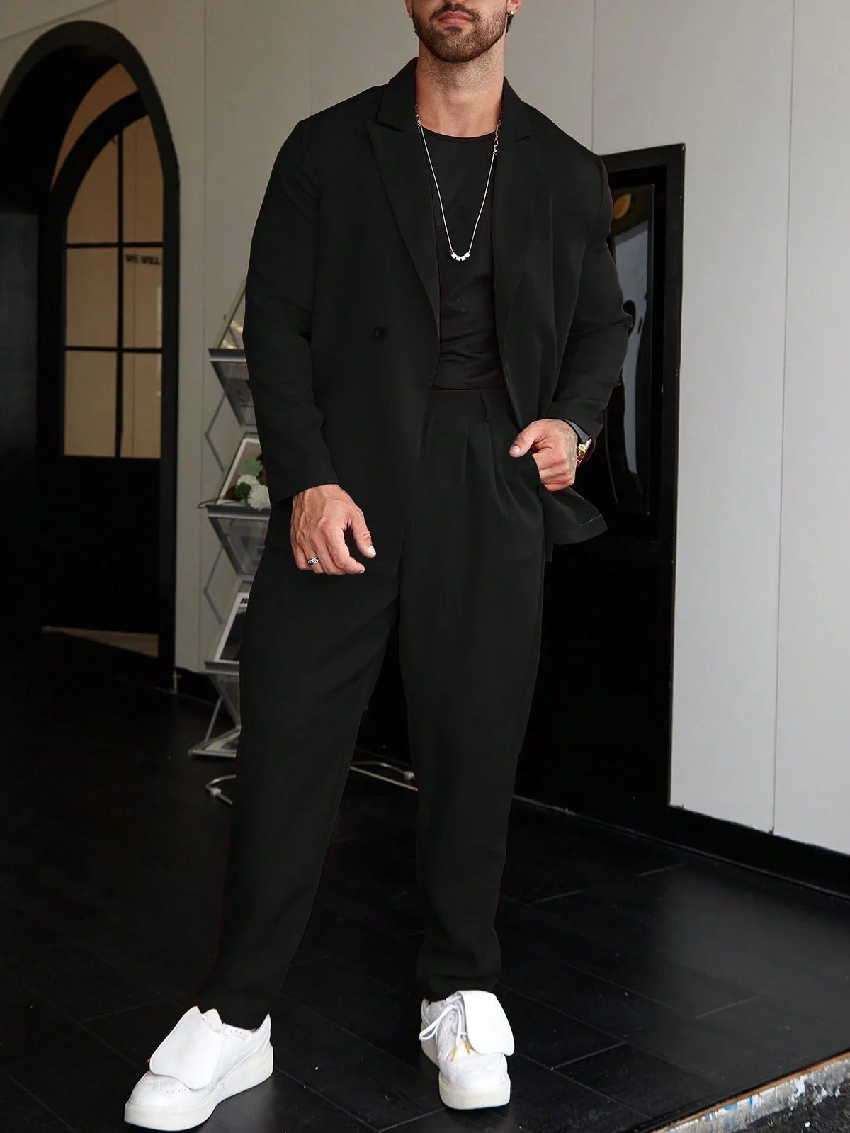 Men's Double Breasted Blazer and Pants Set with Lapel Collar