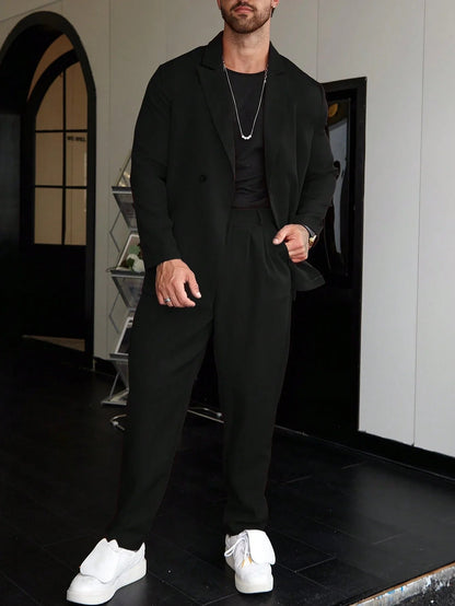 Men's Double Breasted Blazer and Pants Set with Lapel Collar