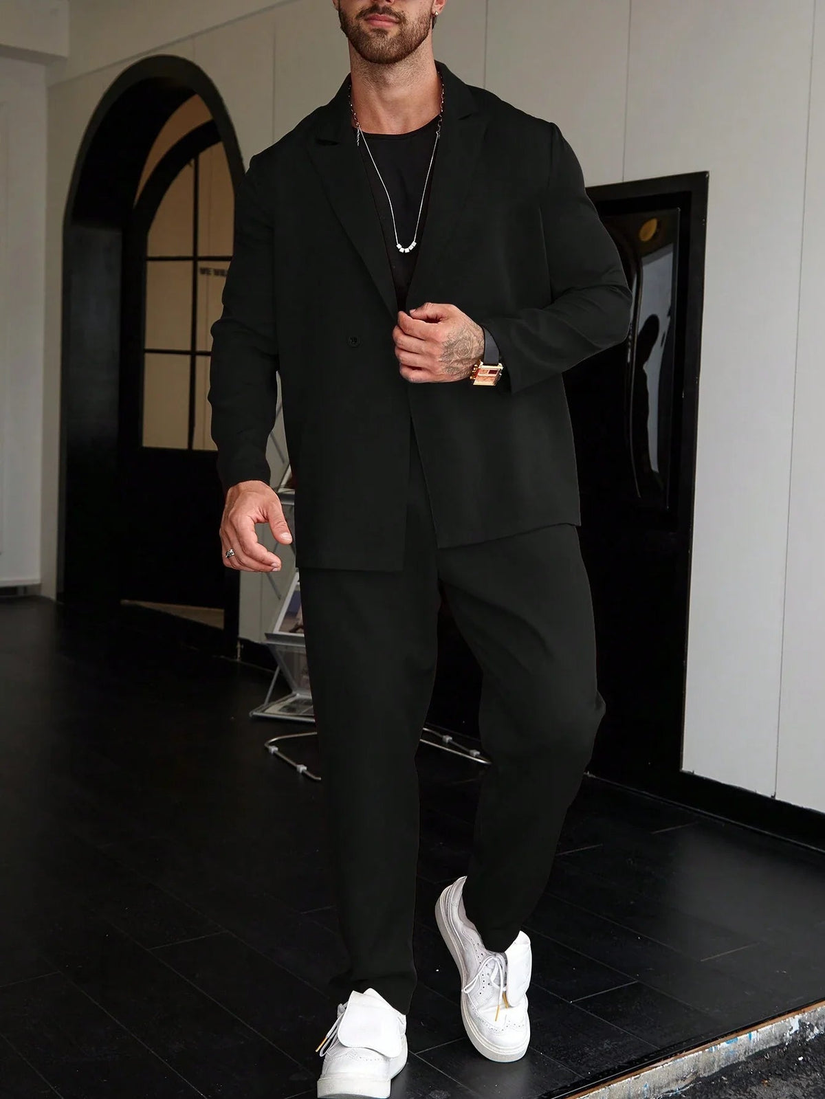 Men's Double Breasted Blazer and Pants Set with Lapel Collar
