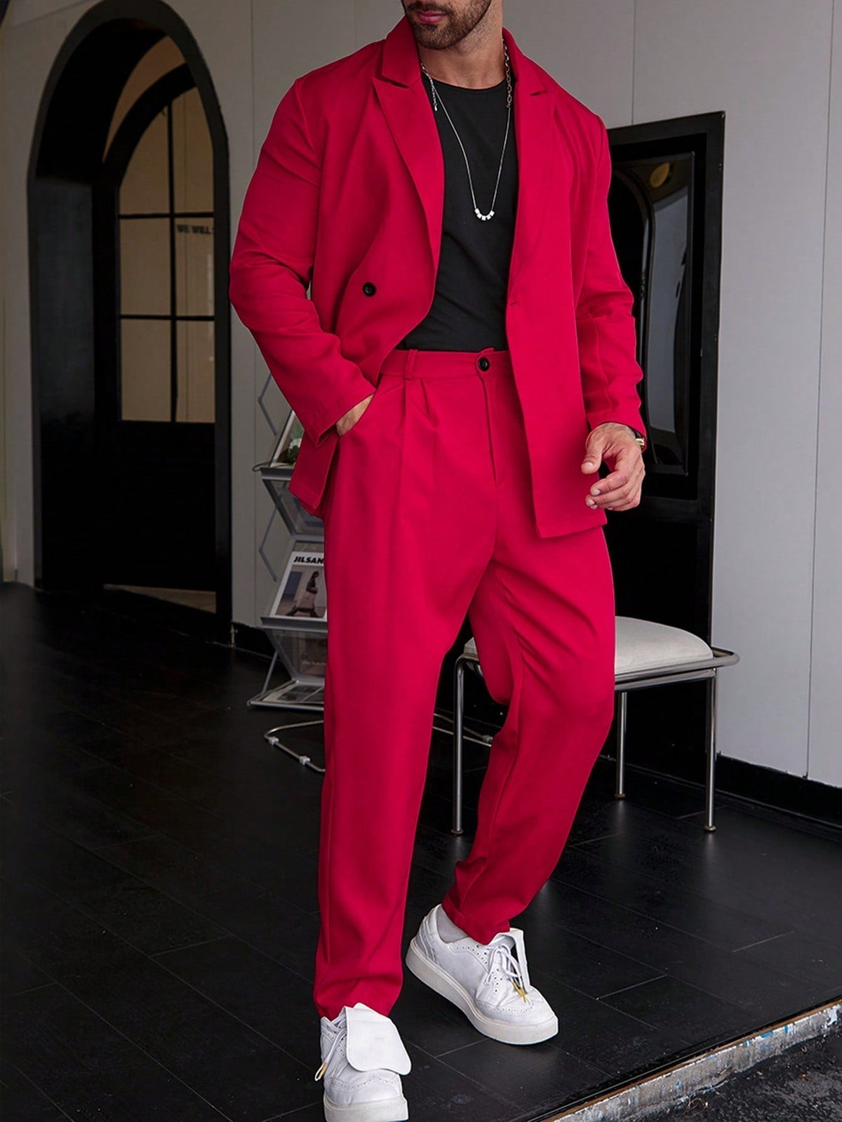 Men's Double Breasted Blazer and Pants Set with Lapel Collar