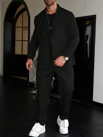 Men's Double Breasted Blazer and Pants Set with Lapel Collar