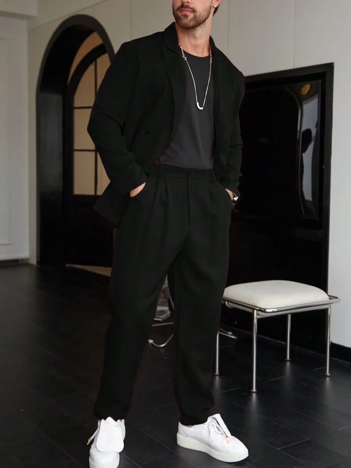 Men's Double Breasted Blazer and Pants Set with Lapel Collar