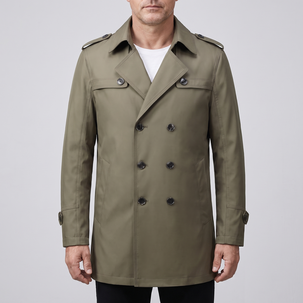 Men's Double-Breasted Trench Coat with Detachable Liner and Epaulettes
