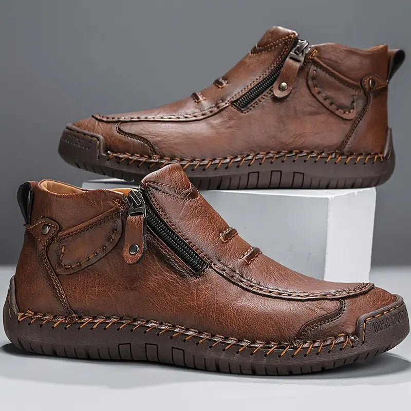 Men's Faux Leather Ankle Boots with Side Zip and Stitch Detail