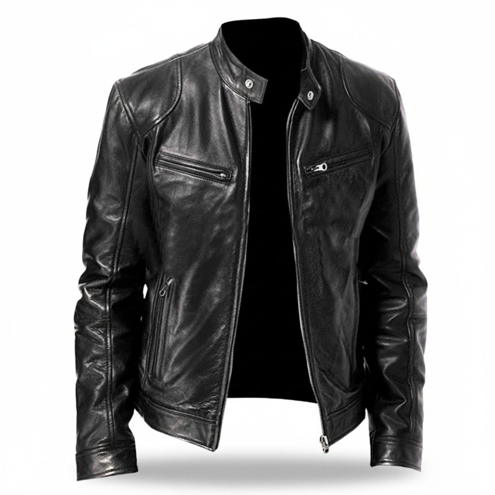 Men's Faux Leather Biker Jacket with Stand Collar and Zip Closure