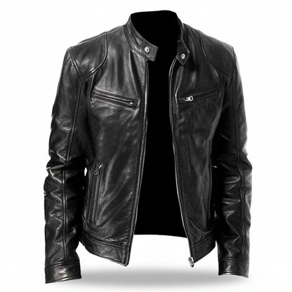 Men's Faux Leather Biker Jacket with Stand Collar and Zip Closure