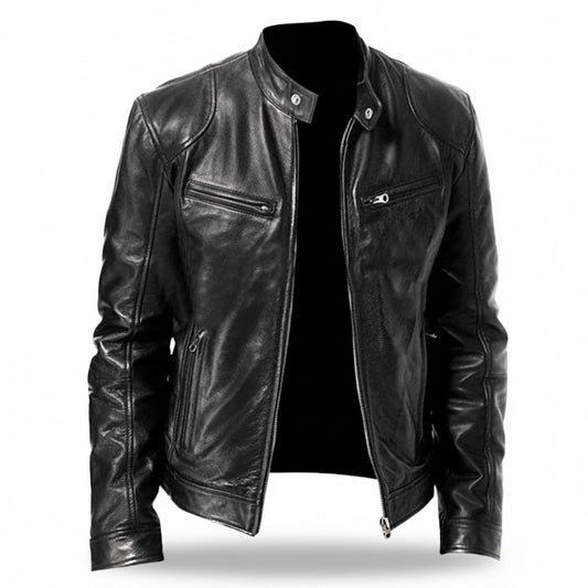 Men's Faux Leather Biker Jacket with Stand Collar and Zip Closure