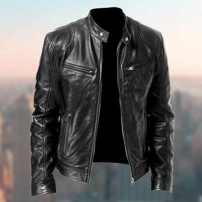 Men's Faux Leather Biker Jacket with Stand Collar and Zip Closure
