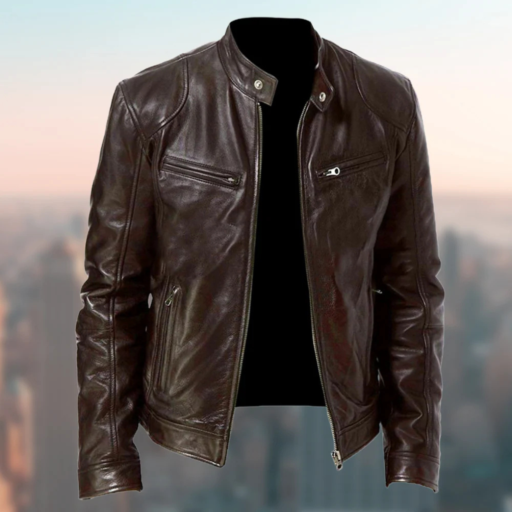 Men's Faux Leather Biker Jacket with Stand Collar and Zip Closure