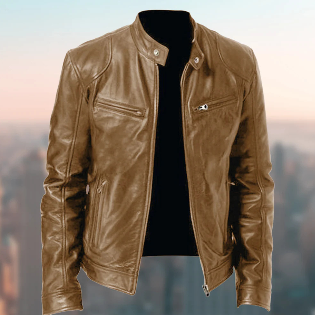 Men's Faux Leather Biker Jacket with Stand Collar and Zip Closure