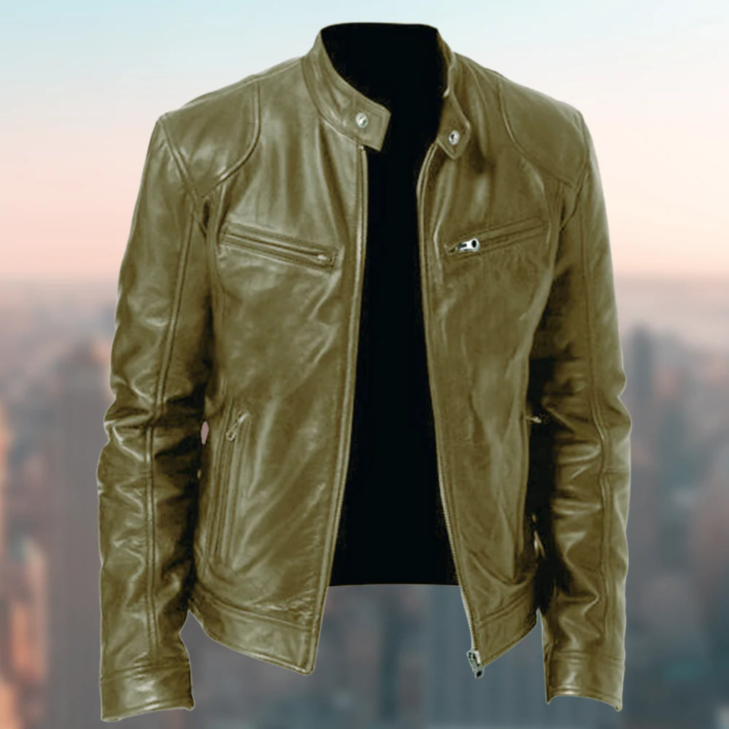 Men's Faux Leather Biker Jacket with Stand Collar and Zip Closure
