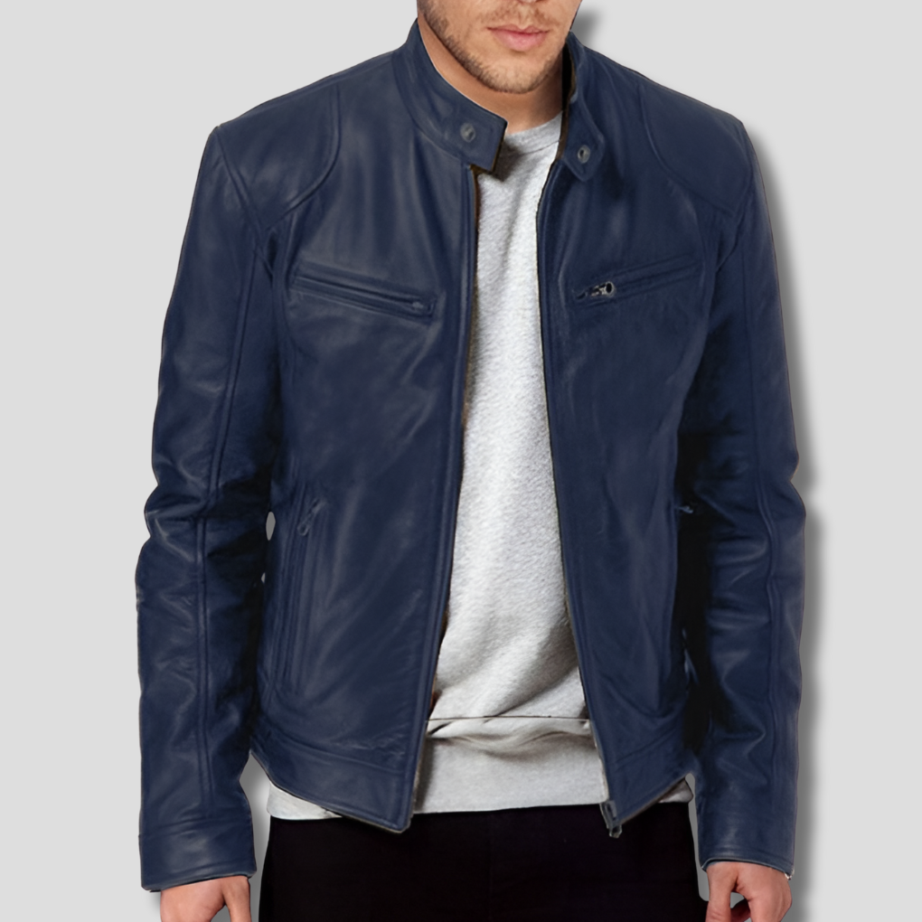 Men's Faux Leather Biker Jacket with Stand Collar and Zip Closure