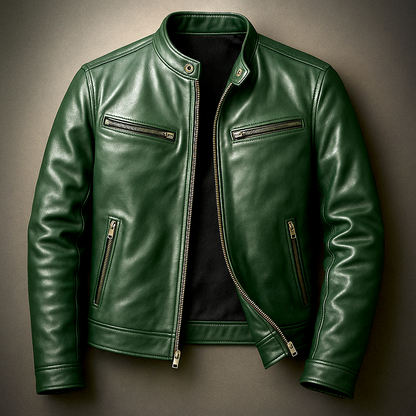 Men's Faux Leather Biker Jacket with Stand Collar and Zip Closure