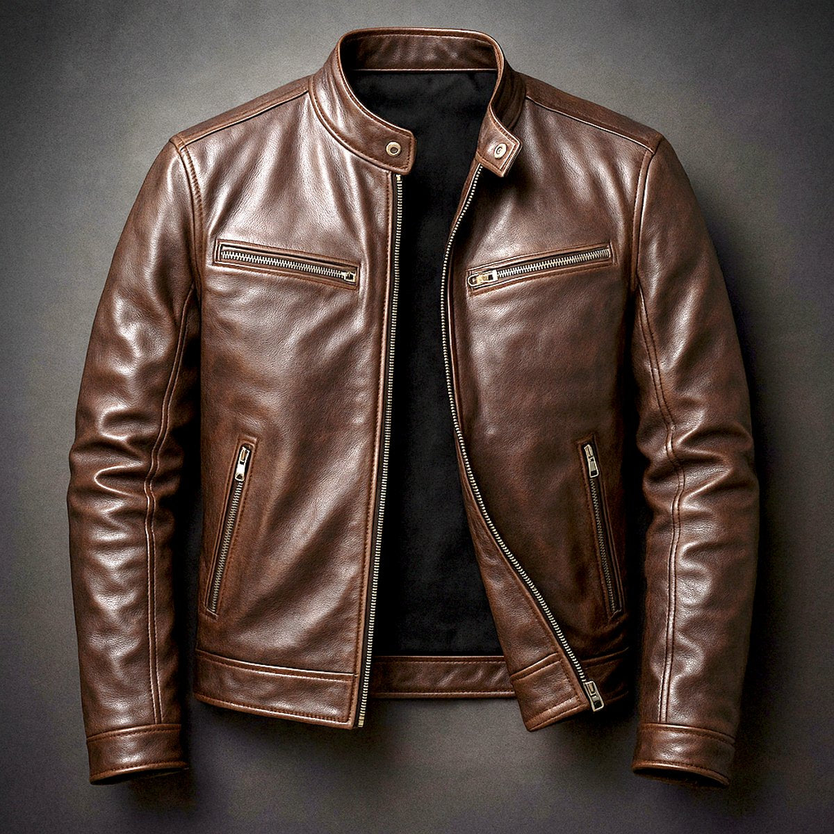Men's Faux Leather Biker Jacket with Stand Collar and Zip Pockets