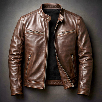 Men's Faux Leather Biker Jacket with Stand Collar and Zip Pockets