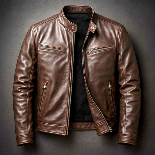 Men's Faux Leather Biker Jacket with Stand Collar and Zip Pockets