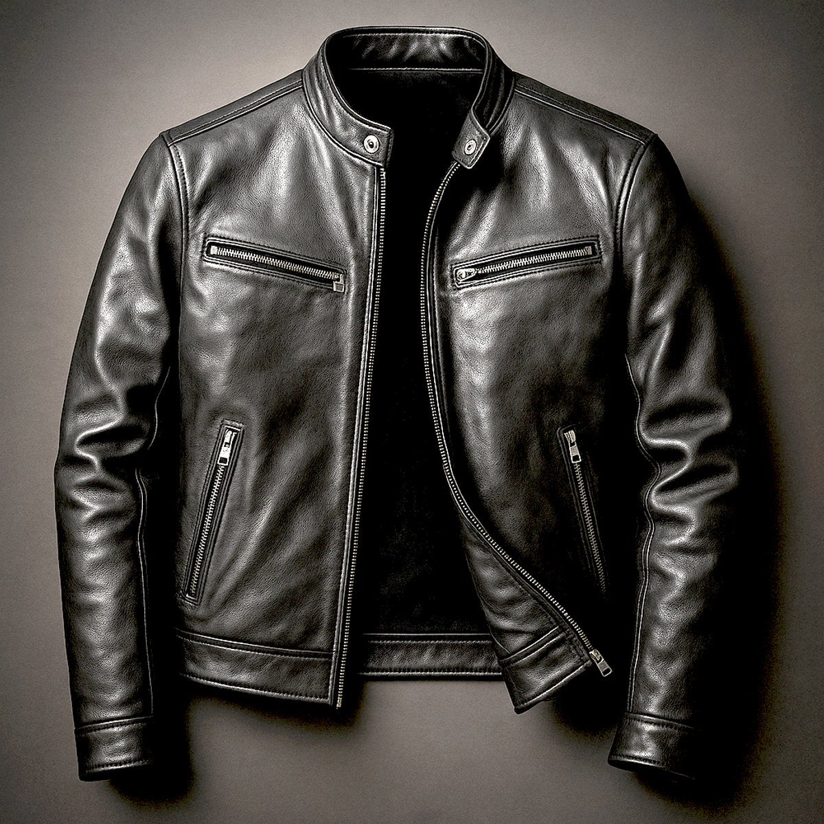 Men's Faux Leather Biker Jacket with Stand Collar and Zip Pockets