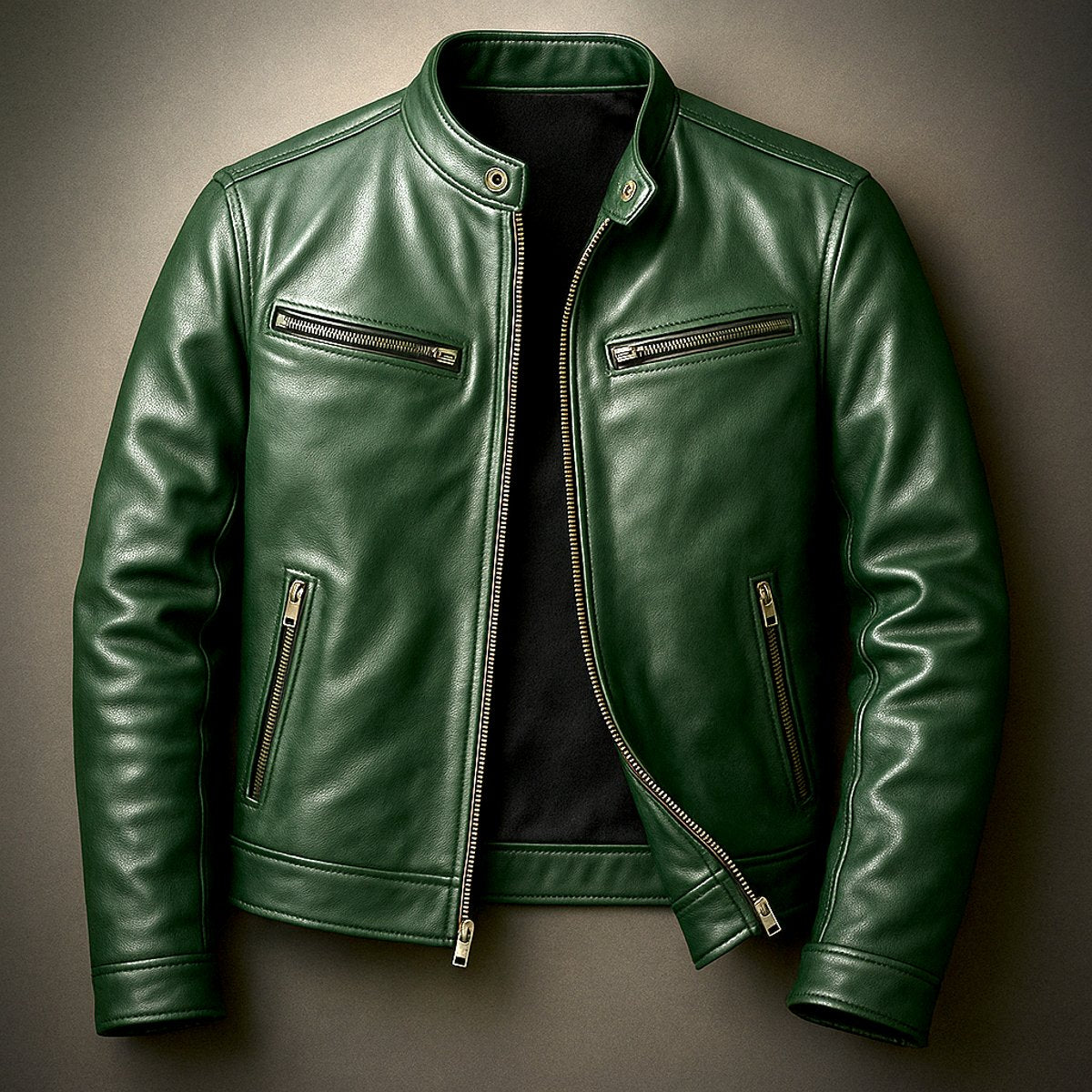 Men's Faux Leather Biker Jacket with Stand Collar and Zip Pockets