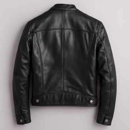 Men's Faux Leather Biker Jacket with Stand Collar and Zip Pockets