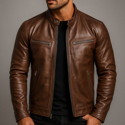 Men's Faux Leather Biker Jacket with Stand Collar and Zip Pockets