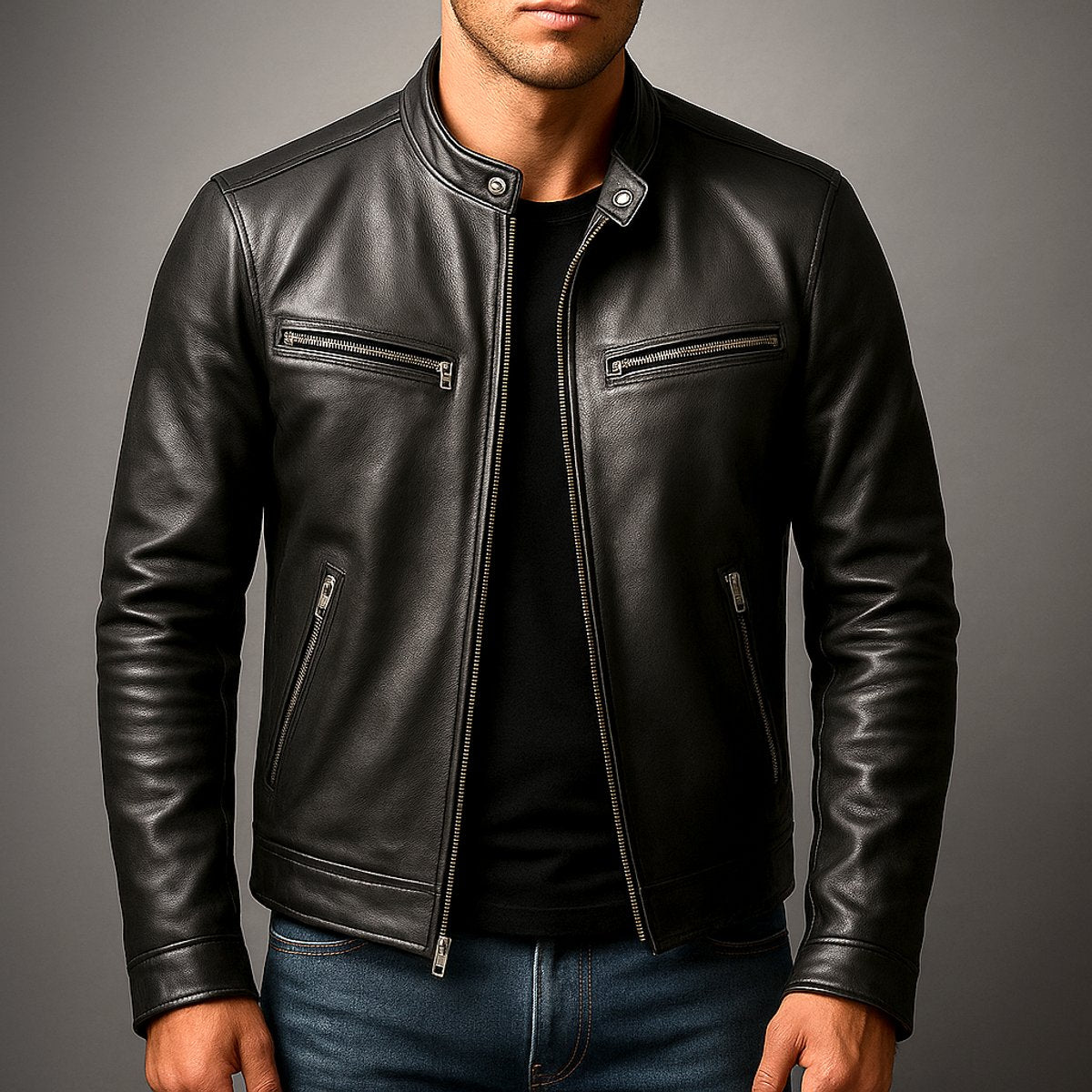 Men's Faux Leather Biker Jacket with Stand Collar and Zip Pockets