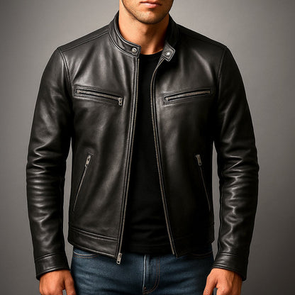 Men's Faux Leather Biker Jacket with Stand Collar and Zip Pockets