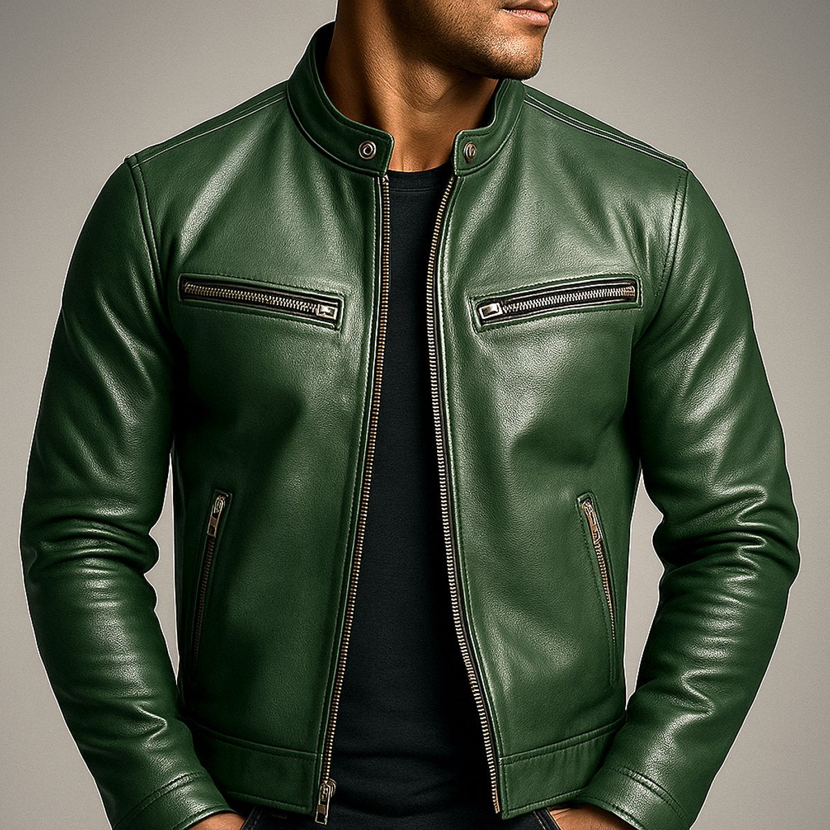 Men's Faux Leather Biker Jacket with Stand Collar and Zip Pockets