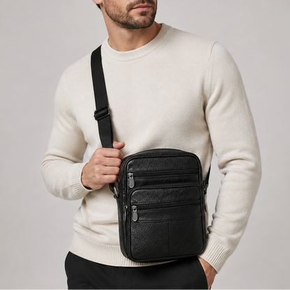 Men's Faux Leather Crossbody Bag with Multiple Zip Compartments and Adjustable Strap