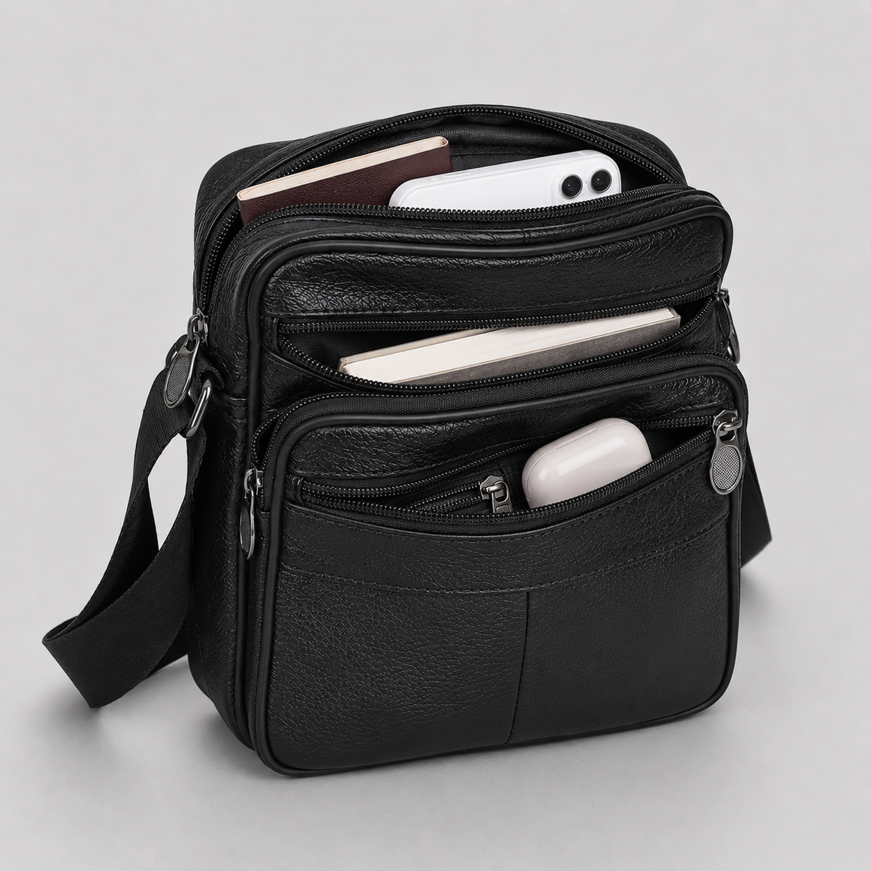 Men's Faux Leather Crossbody Bag with Multiple Zip Compartments and Adjustable Strap
