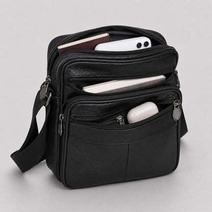Men's Faux Leather Crossbody Bag with Multiple Zip Compartments and Adjustable Strap