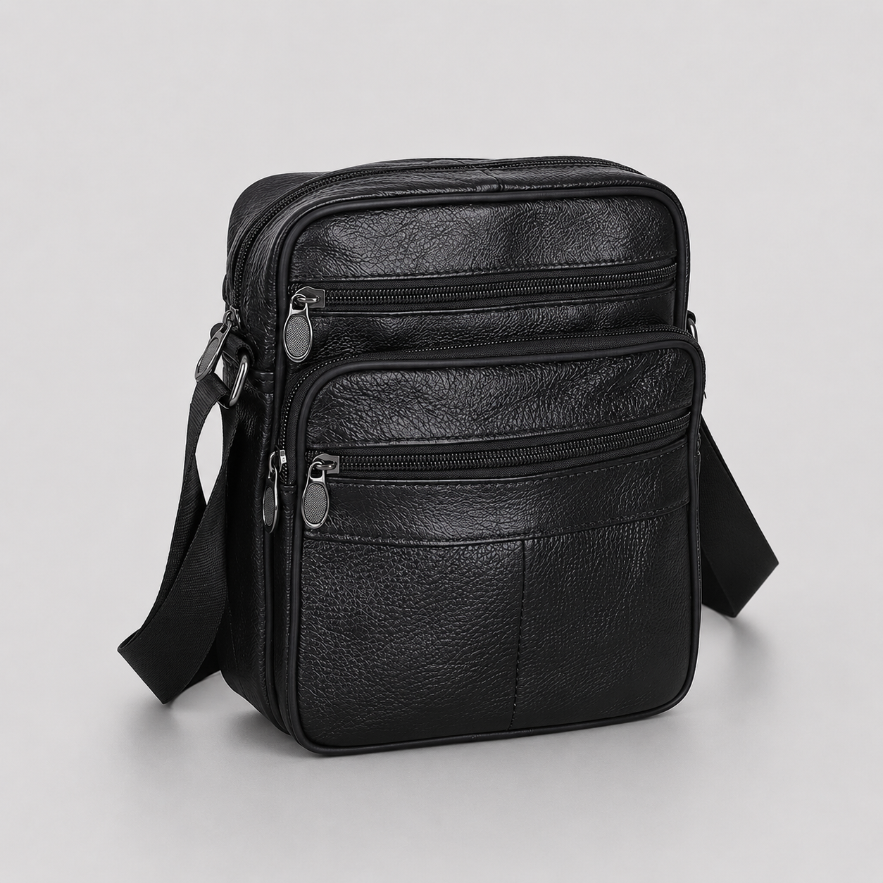 Men's Faux Leather Crossbody Bag with Multiple Zip Compartments and Adjustable Strap