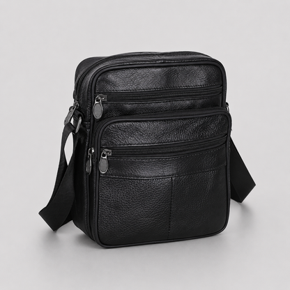 Men's Faux Leather Crossbody Bag with Multiple Zip Compartments and Adjustable Strap