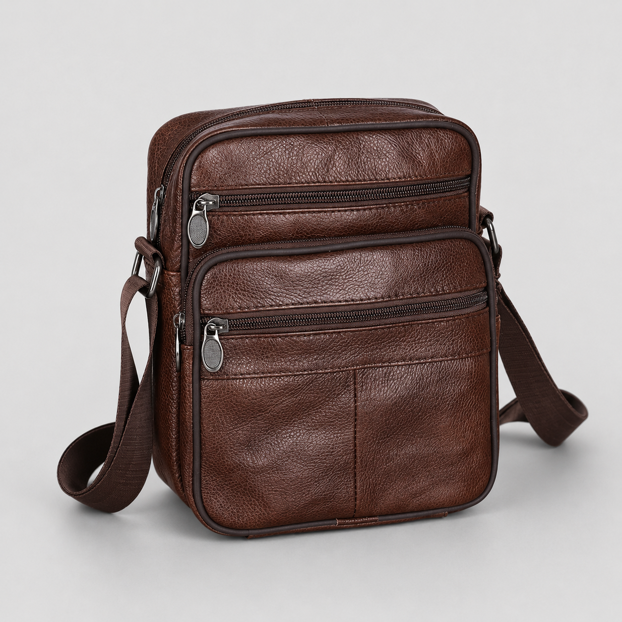 Men's Faux Leather Crossbody Bag with Multiple Zip Compartments and Adjustable Strap