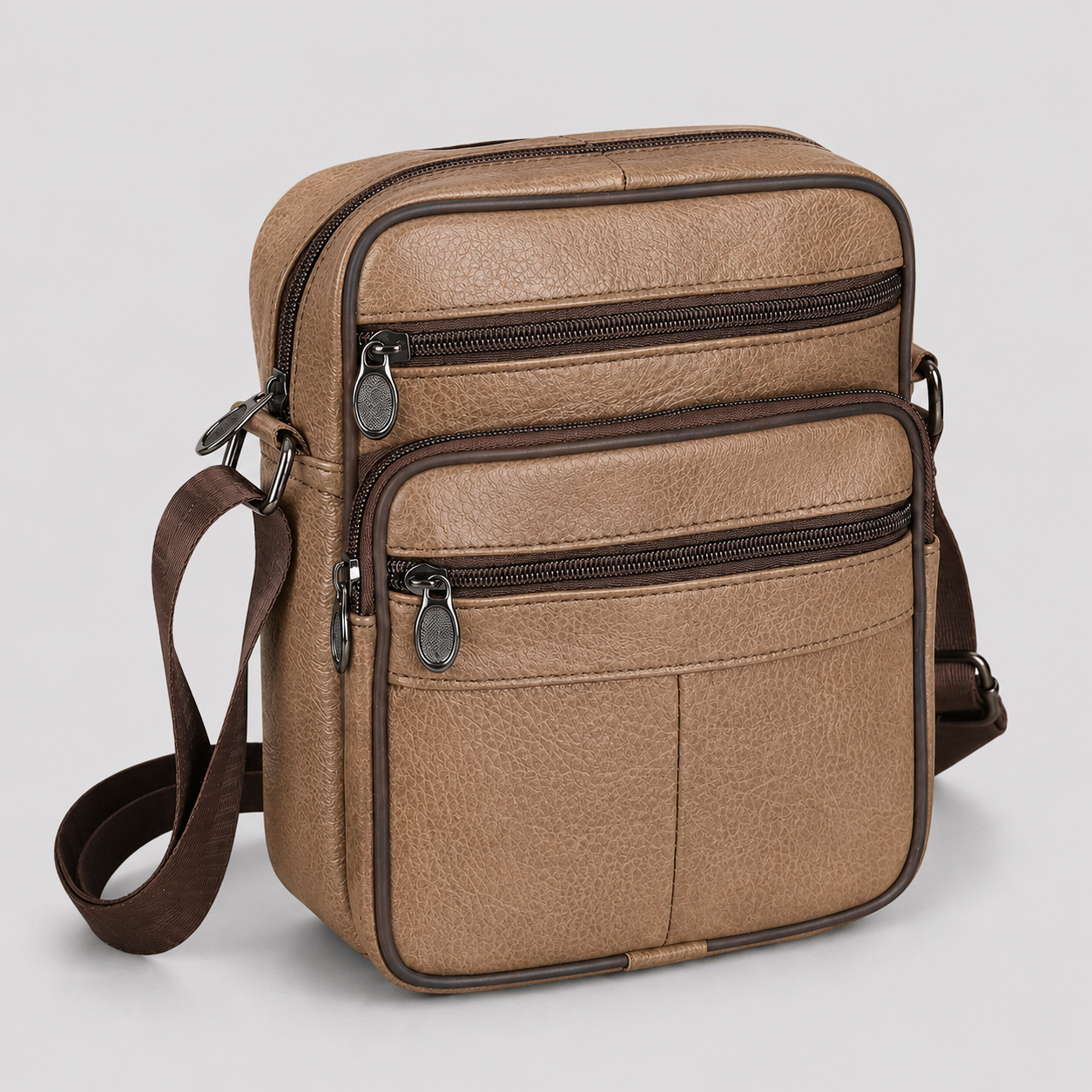 Men's Faux Leather Crossbody Bag with Multiple Zip Compartments and Adjustable Strap