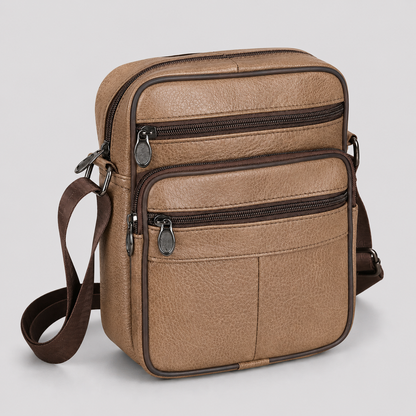 Men's Faux Leather Crossbody Bag with Multiple Zip Compartments and Adjustable Strap