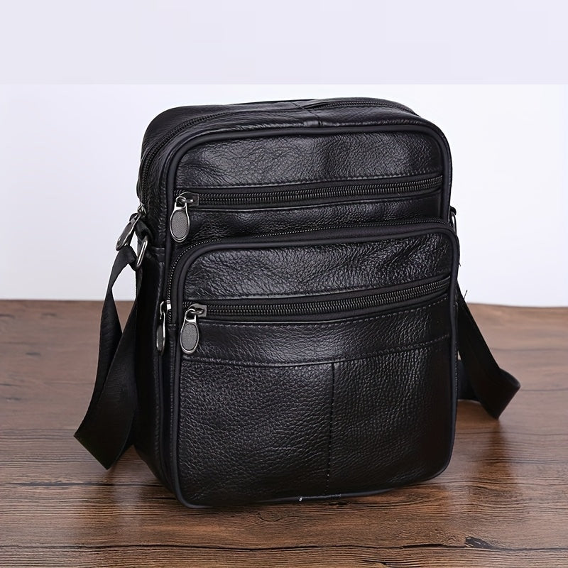 Men's Faux Leather Crossbody Bag with Multiple Zip Pockets and Adjustable Strap
