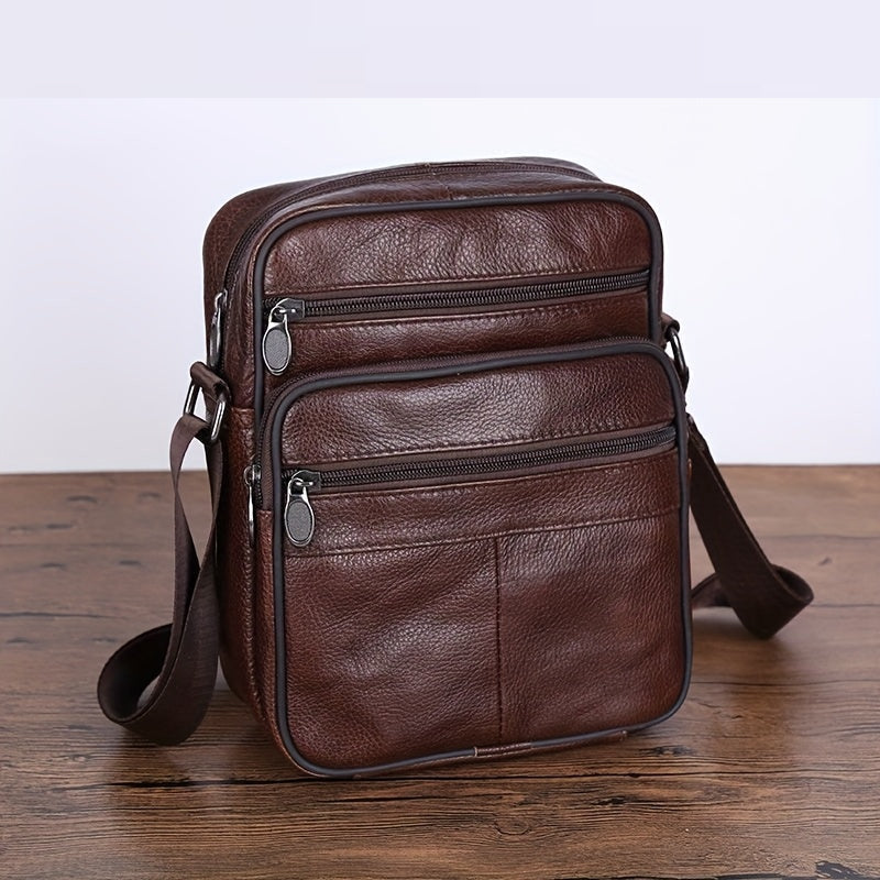 Men's Faux Leather Crossbody Bag with Multiple Zip Pockets and Adjustable Strap
