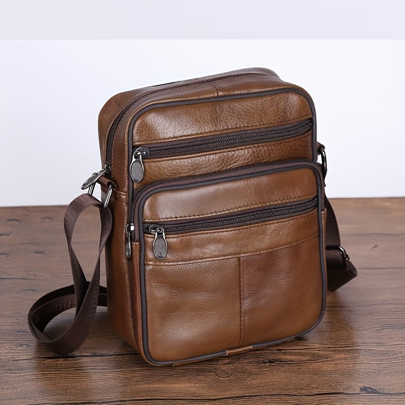 Men's Faux Leather Crossbody Bag with Multiple Zip Pockets and Adjustable Strap
