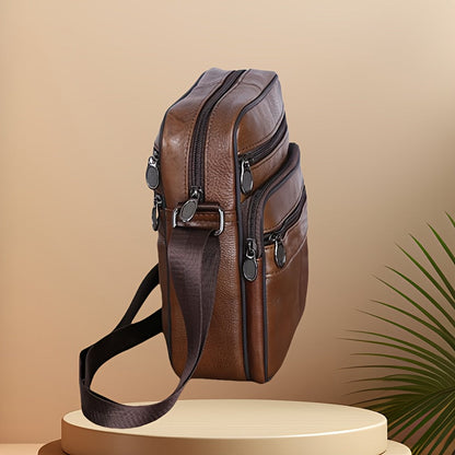Men's Faux Leather Crossbody Bag with Multiple Zip Pockets and Adjustable Strap