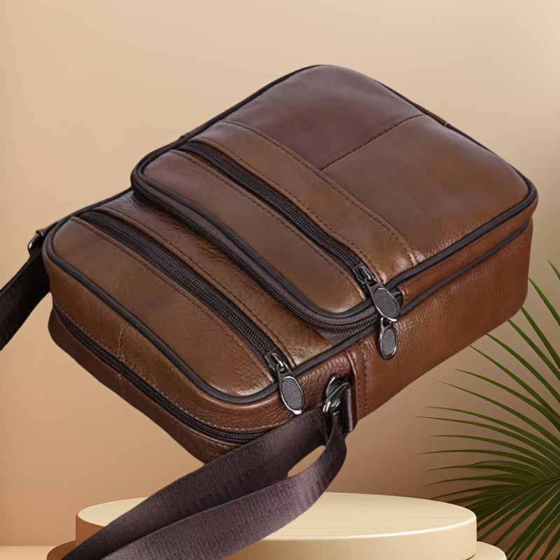 Men's Faux Leather Crossbody Bag with Multiple Zip Pockets and Adjustable Strap