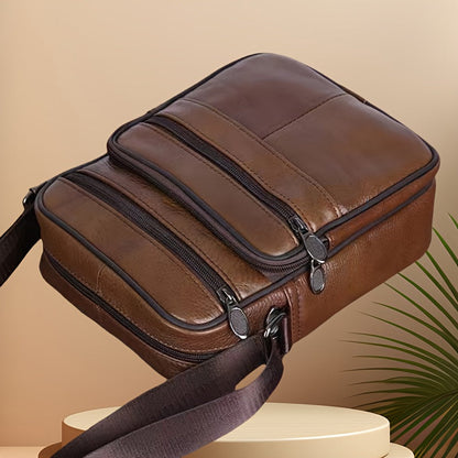 Men's Faux Leather Crossbody Bag with Multiple Zip Pockets and Adjustable Strap