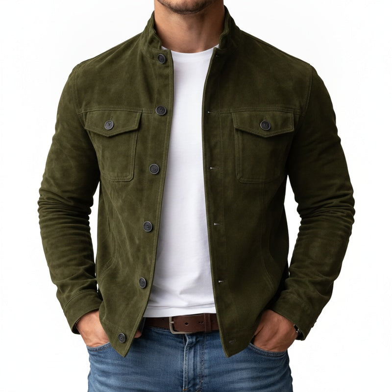 Men's Faux Leather Jacket with Stand Collar and Chest Pockets