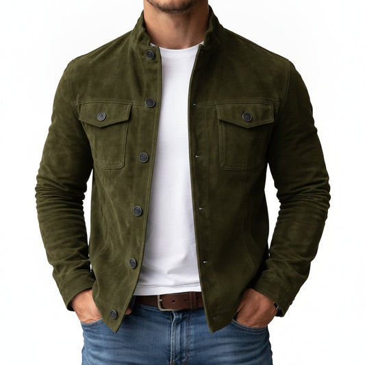 Men's Faux Leather Jacket with Stand Collar and Chest Pockets