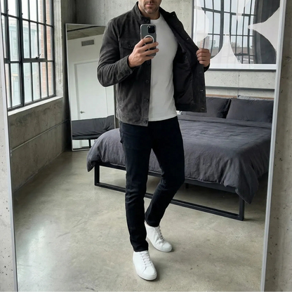 Men's Faux Leather Jacket with Stand Collar and Chest Pockets