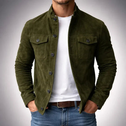 Men's Faux Leather Jacket with Stand Collar and Chest Pockets