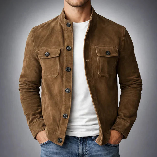 Men's Faux Leather Jacket with Stand Collar and Chest Pockets